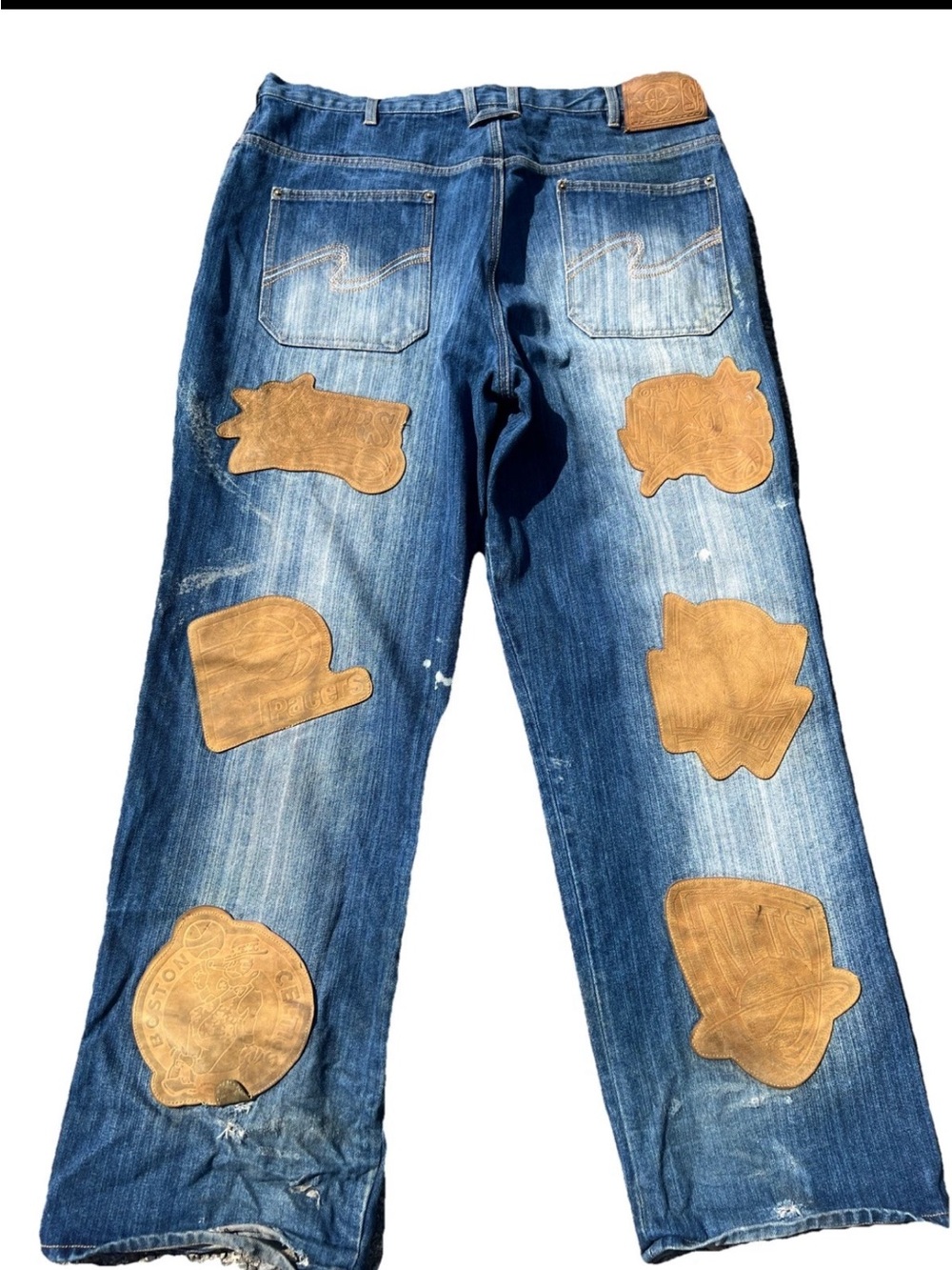 NBA Relaxed Fit Distressed Denim Jeans with Tan Leather Patches